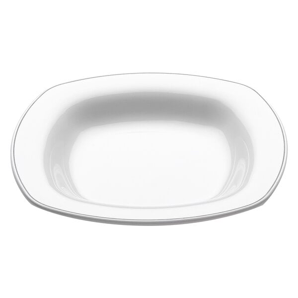A white square shallow plate with a black rim.