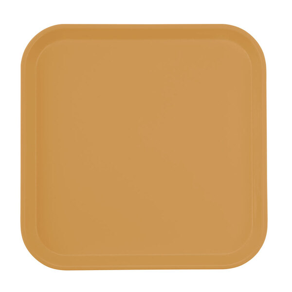 A square orange Cambro tray with a brown surface.