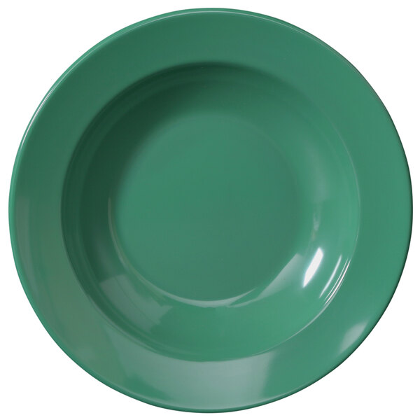 A close-up of a green Elite Global Solutions melamine bowl.