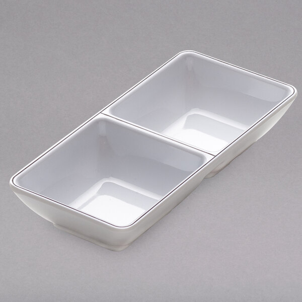 A white rectangular Elite Global Solutions melamine ramekin with three compartments.