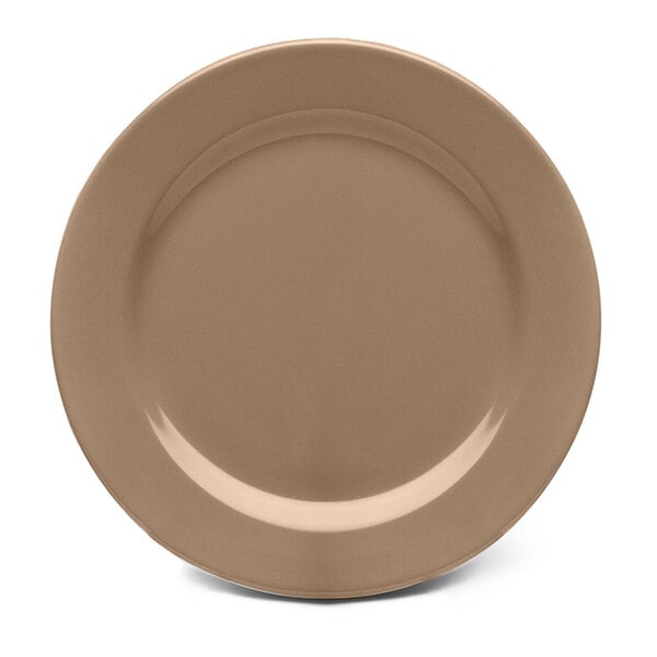 A close-up of a brown Elite Global Solutions round melamine plate with a white background.
