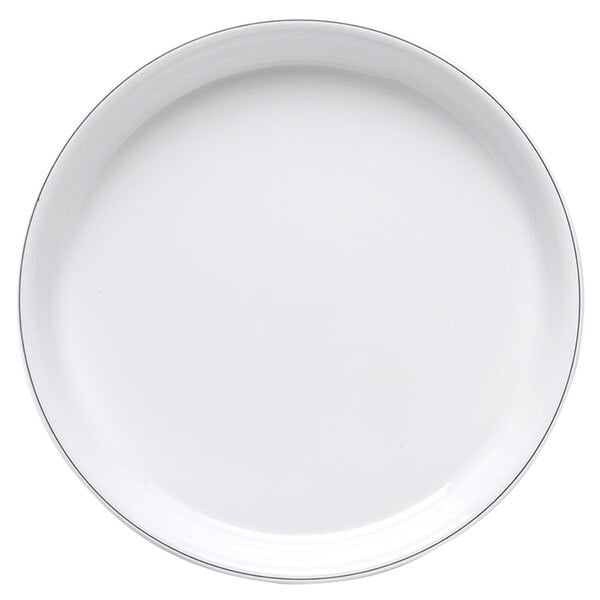 A white Elite Global Solutions round plate with black trim.