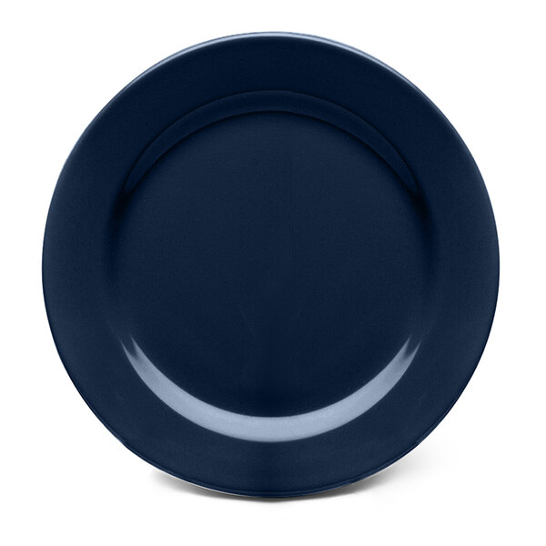 A blue plate with a curved edge.