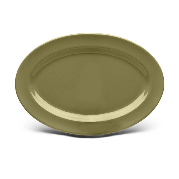 An oval green Elite Global Solutions melamine platter with a shadow.