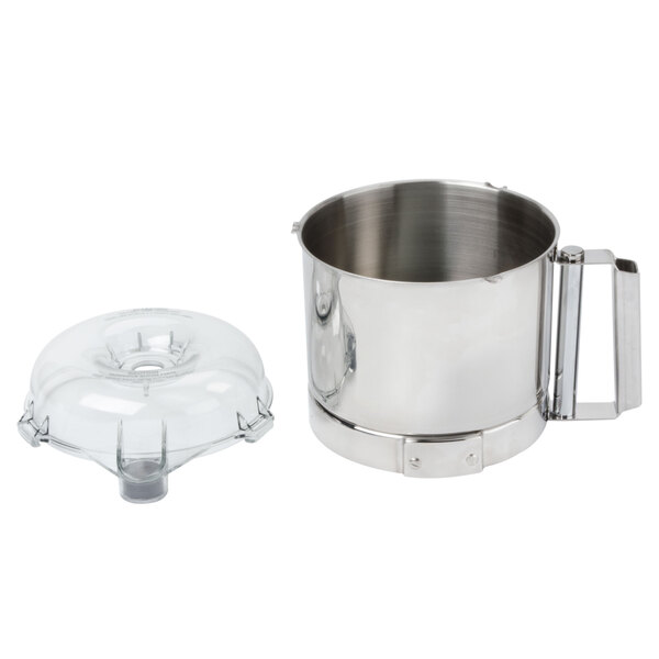 A Robot Coupe stainless steel bowl and lid.