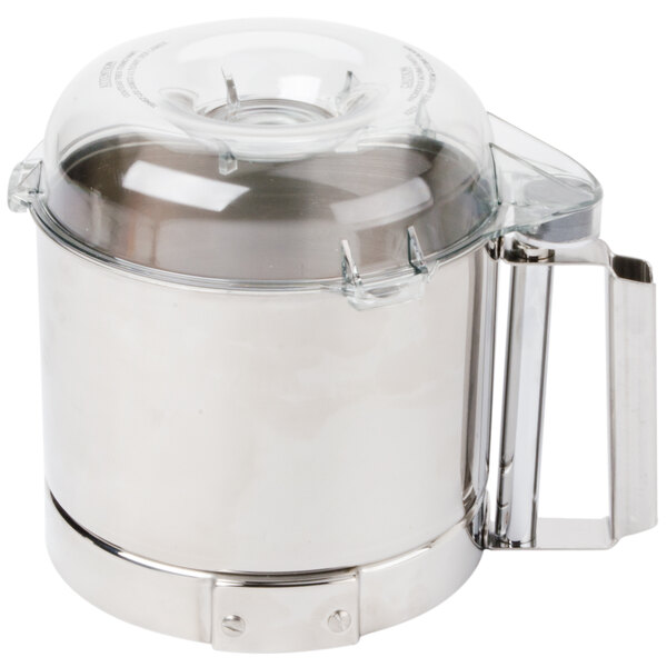 A stainless steel Robot Coupe bowl with clear lid.