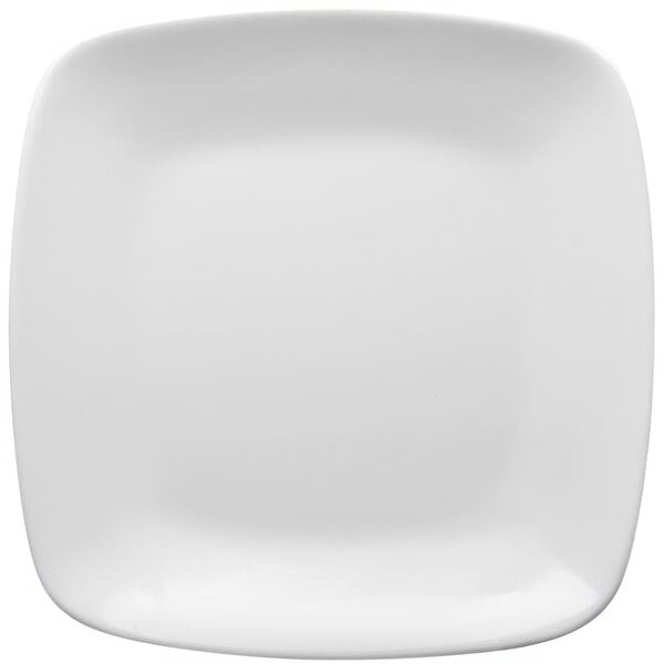 A close-up of an Elite Global Solutions white square plate with rounded edges.