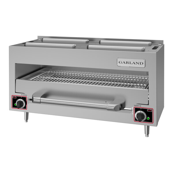 A stainless steel 34-inch countertop salamander broiler with control knobs and a grilling rack, designed for commercial kitchen use.