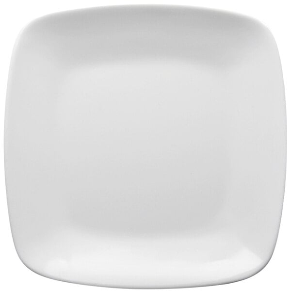 A close-up of a white Elite Global Solutions square plate with a white rim.