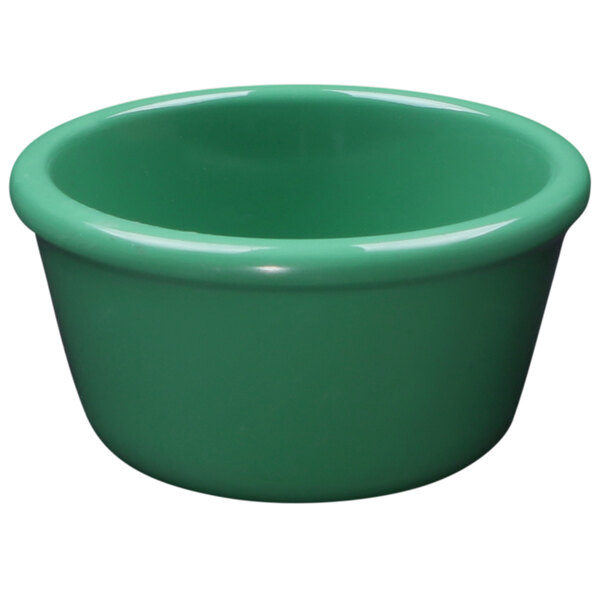 A green Elite Global Solutions melamine ramekin.