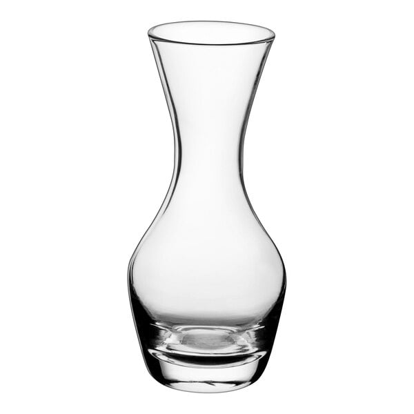 An Arcoroc clear glass carafe with a curved neck.