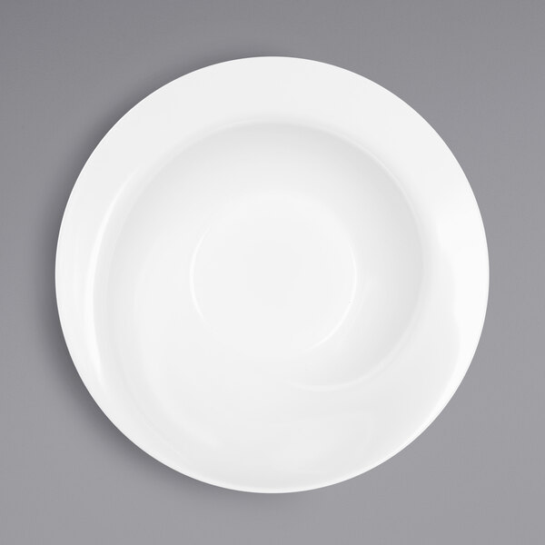 A white melamine bowl with a spiral design on the rim.