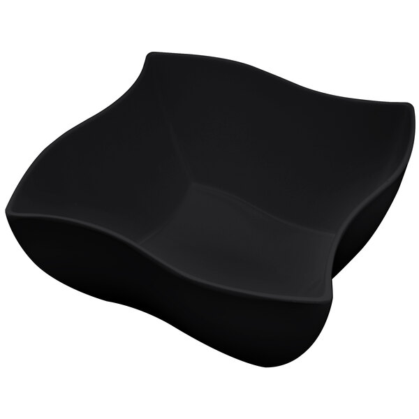 A black Elite Global Solutions melamine bowl with a curved edge.