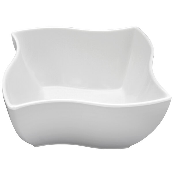 A white Elite Global Solutions square melamine bowl with a curved edge.
