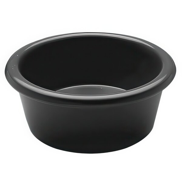 A black round melamine ramekin on a white background.