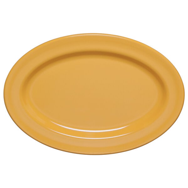 A yellow oval platter with a white border.
