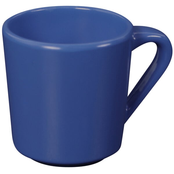 A blue Elite Global Solutions melamine mug with a handle.