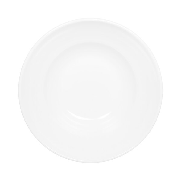 A white round rimmed melamine bowl.