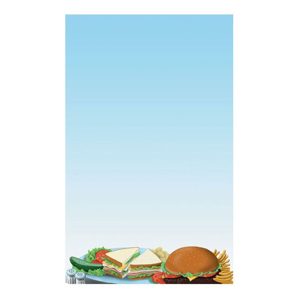 An illustration of a sandwich, a burger, chips, a pickle, and salt and pepper shakers on a plate at the bottom of a page with a blue gradient background.