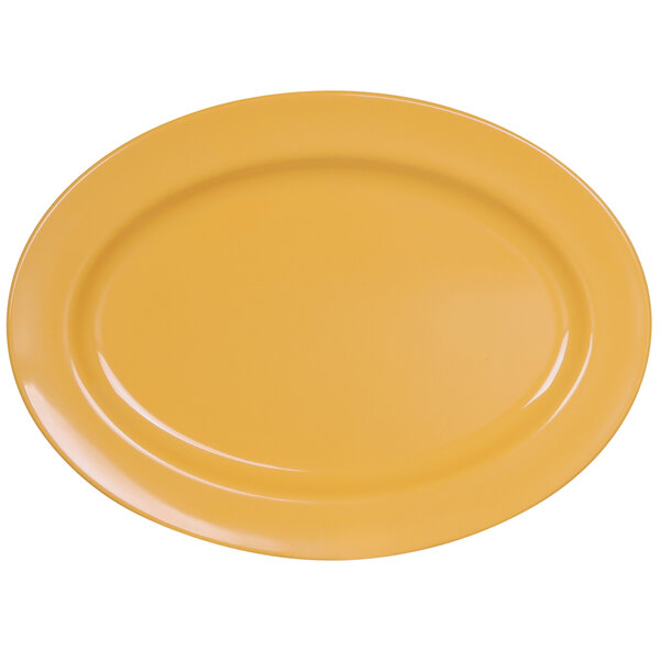 A yellow oval platter with a white border.