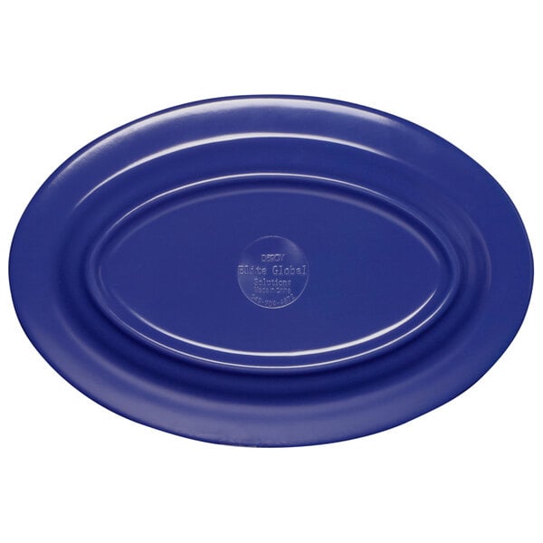 An oval purple melamine platter with a silver logo on it.