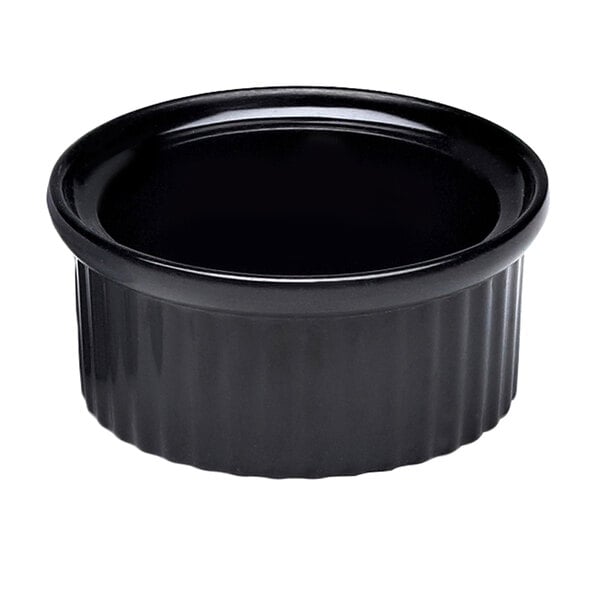 A black fluted Elite Global Solutions melamine ramekin.