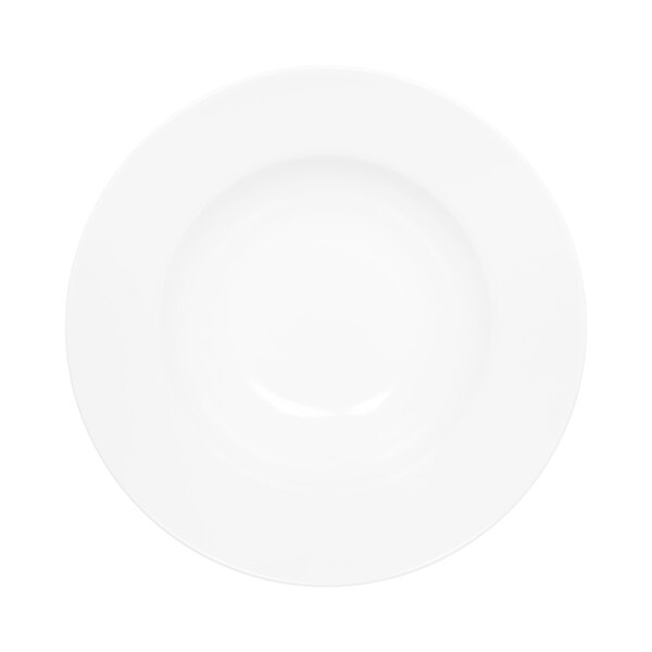 A white large round melamine bowl with a circular edge.