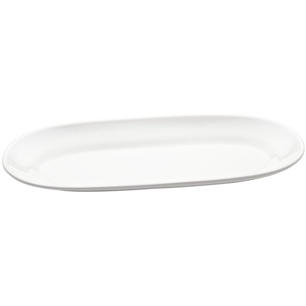 An Elite Global Solutions white melamine long oval platter with a handle.