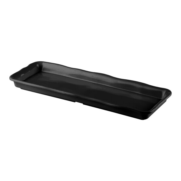 A black rectangular melamine tray with an organic edge.