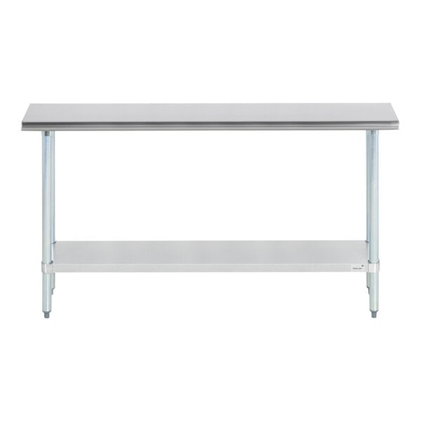 A stainless steel work table with an undershelf and four legs.