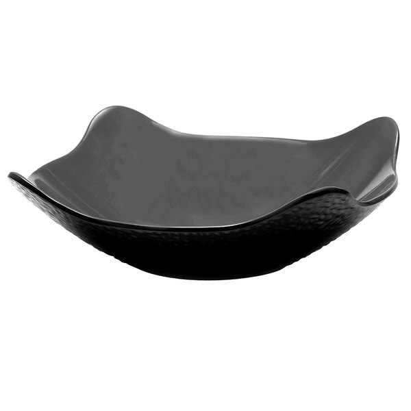 A black Elite Global Solutions square bowl with a wavy edge.