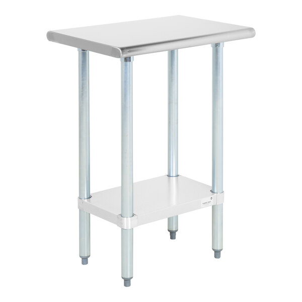 A stainless steel work table with an undershelf and four metal legs.