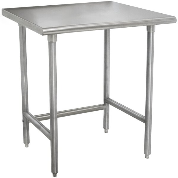 An Advance Tabco stainless steel work table with an open base and a square top.