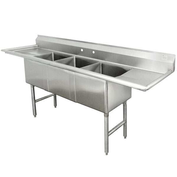 An Advance Tabco stainless steel three compartment sink with a right drainboard.