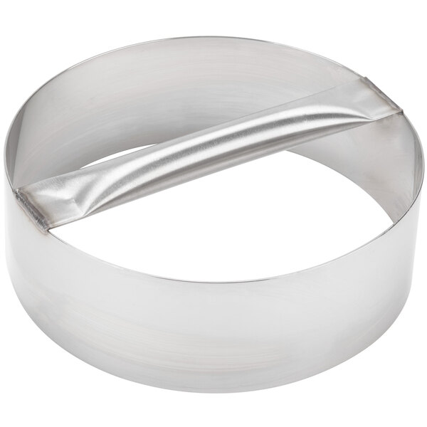 An American Metalcraft stainless steel circular dough cutting ring with a handle.
