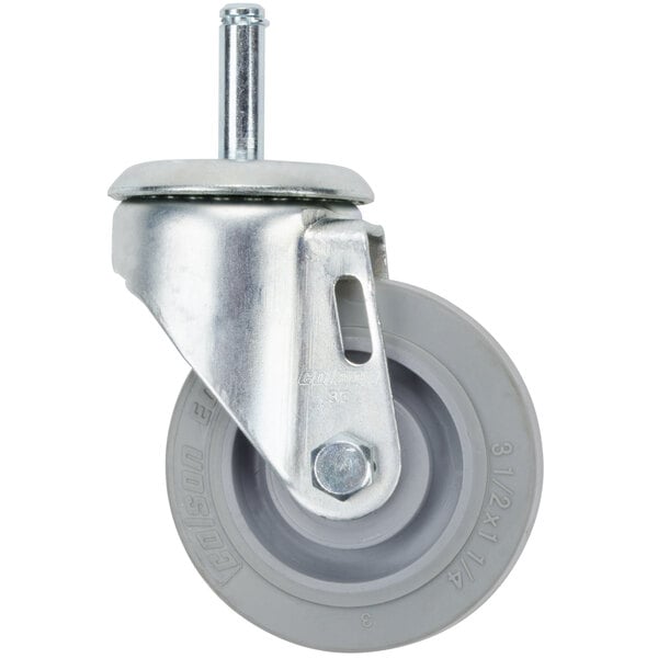A metal wheel with a grey screw attachment.
