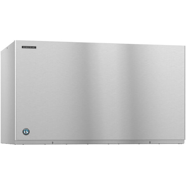A stainless steel Hoshizaki water cooled ice machine with a logo on it.