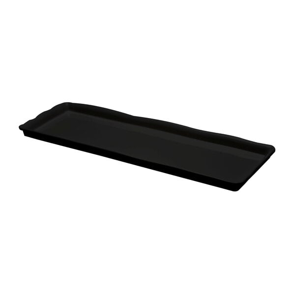 An Elite Global Solutions black rectangular tray with a wavy edge and a handle.