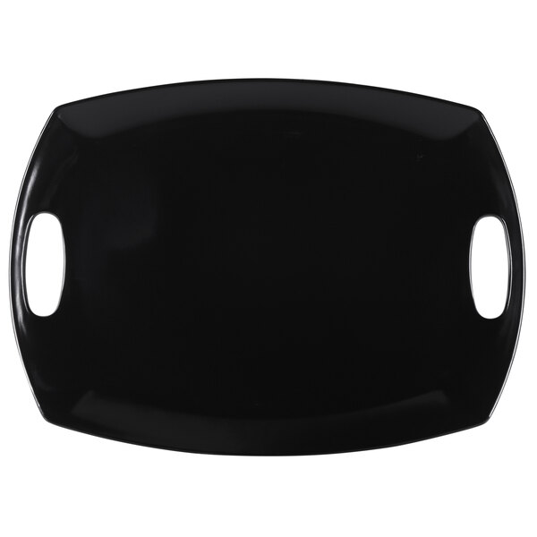 A black rectangular melamine tray with two handles.