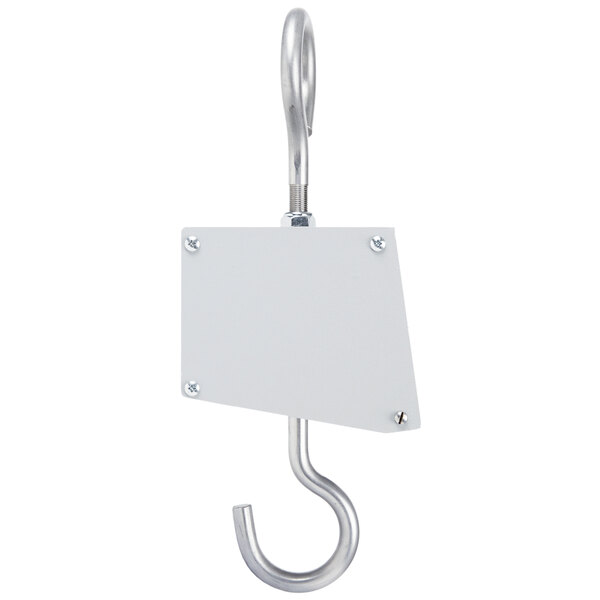 A white square sign with screws on a metal hook.