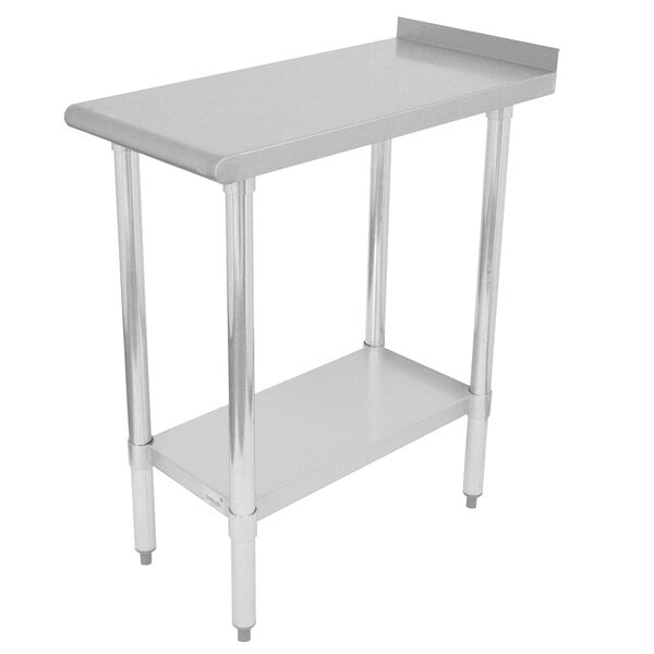 A stainless steel Advance Tabco filler table with a shelf.