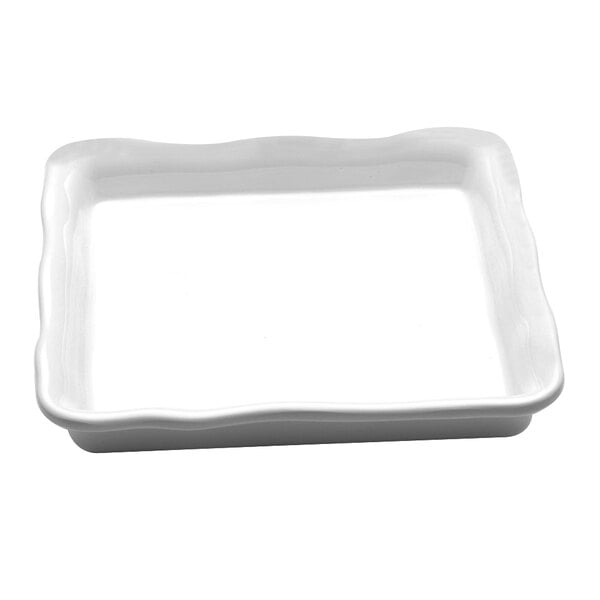 A white square Elite Global Solutions melamine tray with wavy edges.