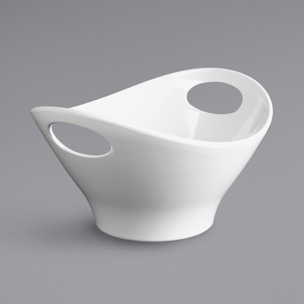 A white Elite Global Solutions small oval bowl with two handles.