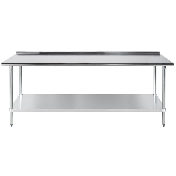 A stainless steel Advance Tabco work table with a galvanized undershelf.