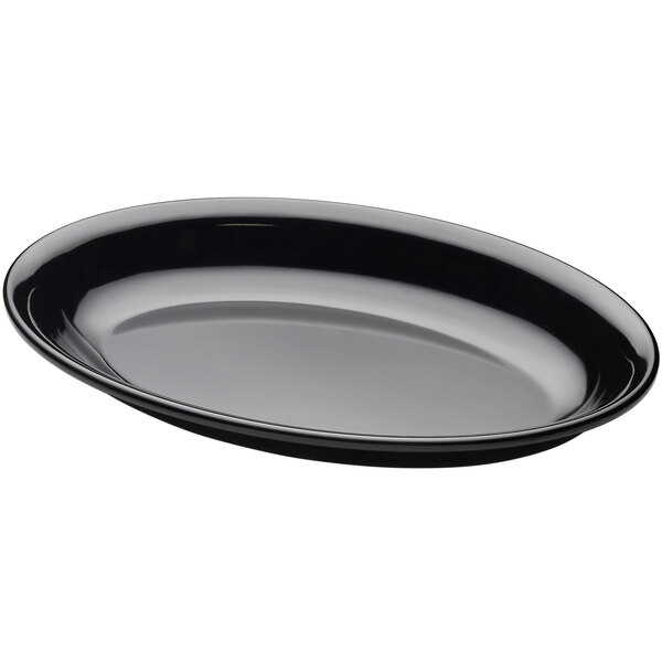 A black oval platter with a white background.