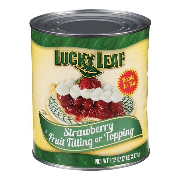 A #10 can of Lucky Leaf strawberry pie filling with a label.