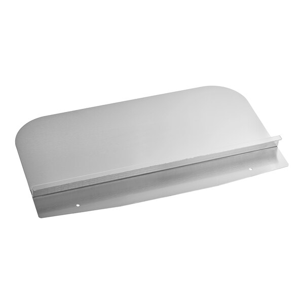 A white rectangular metal splash shield with a metal handle.