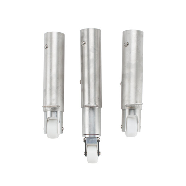 Three stainless steel wheels on a white background.