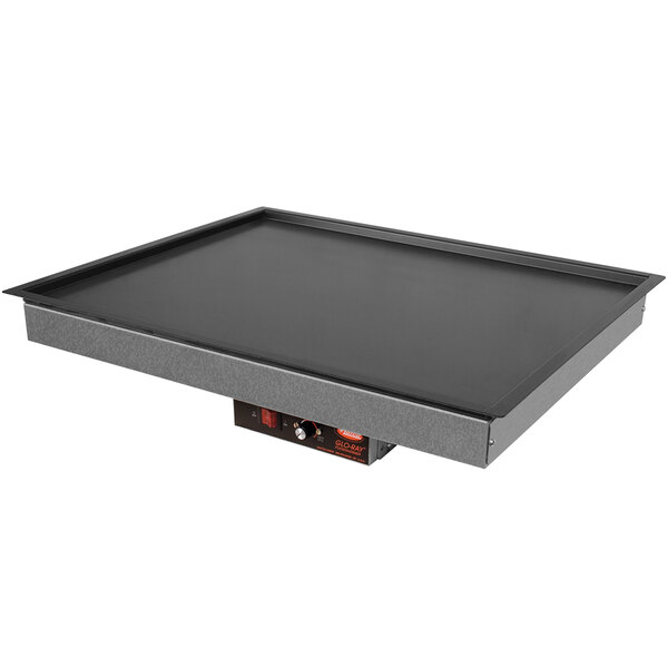 A black rectangular Hatco heated shelf with a black recessed top.