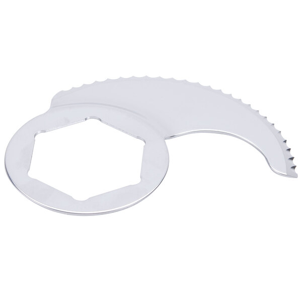 A silver circular Robot Coupe Coarse Serrated "S" Blade.